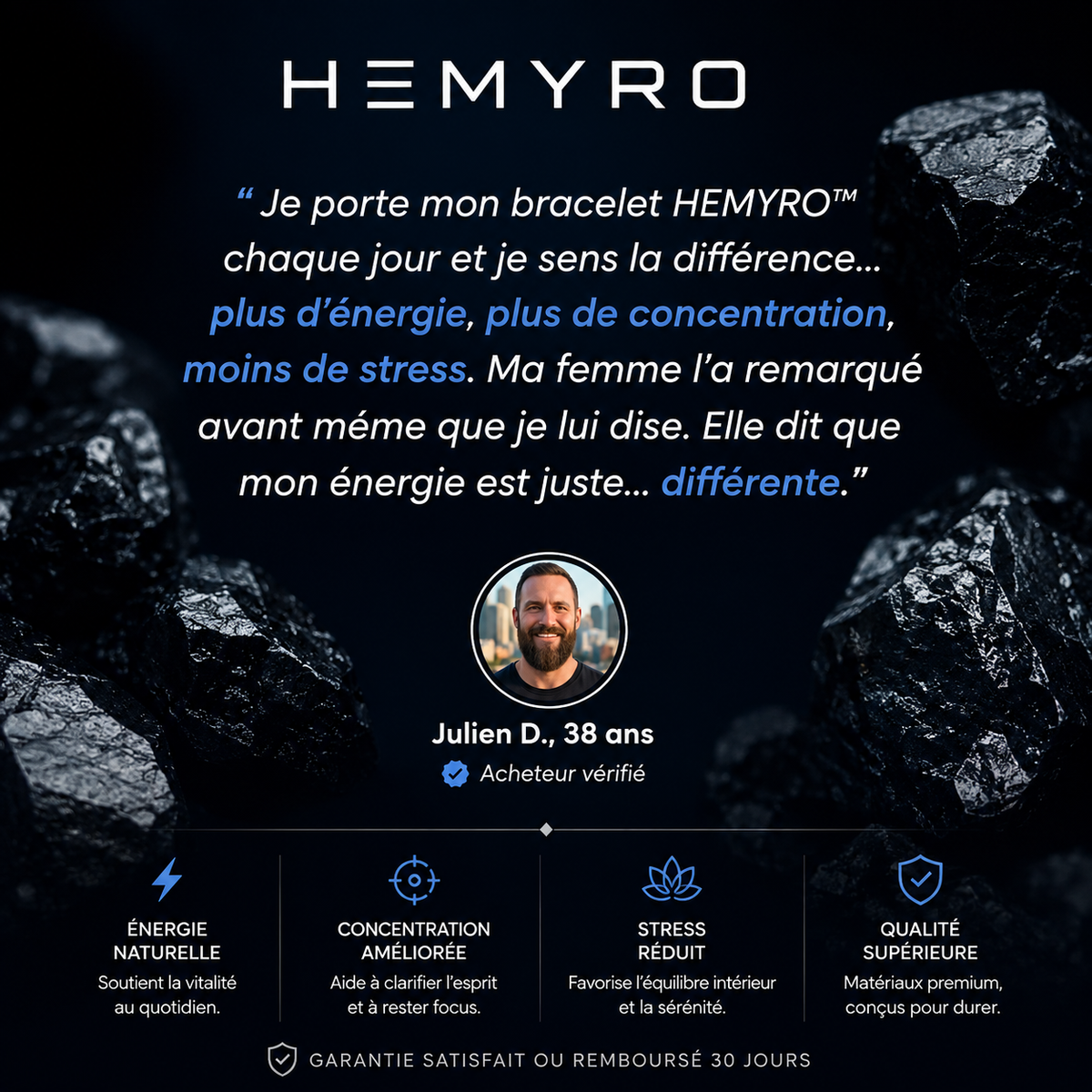 HEMYRO™ — L’ORIGINEL  Bracelet en Hématite